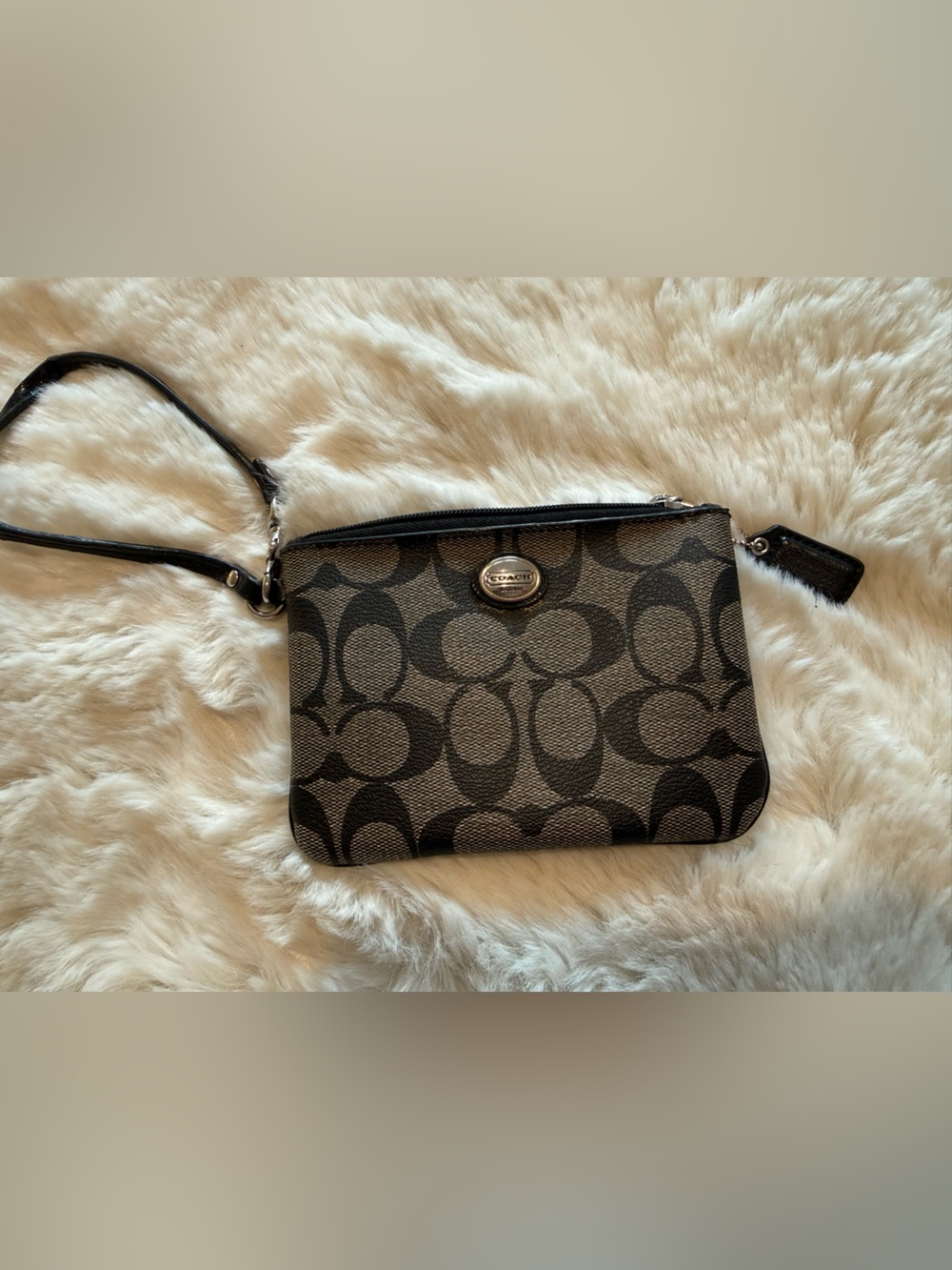 Coach Black and Brown Signature Canvas Wristlet